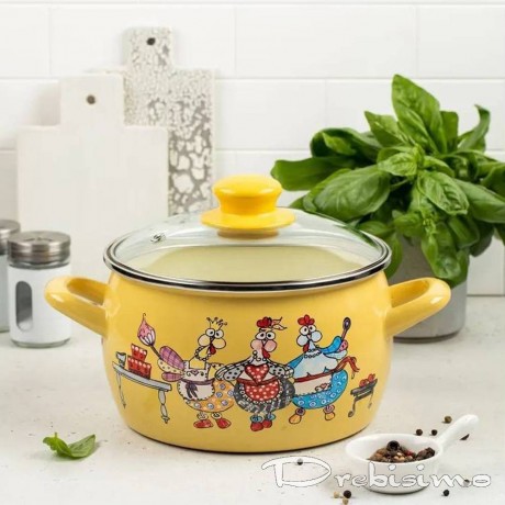 22 см дълбока емайлирана тенджера Metalac Posude с декор Happy chickens