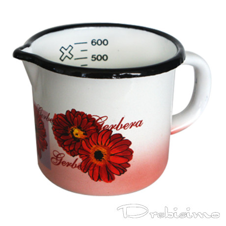 600 мл бяло емайлирано канче с декор Гербери