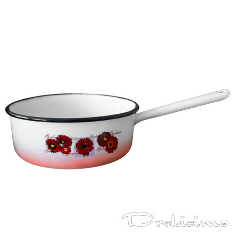 20 см дълбок емайлиран бял тиган с декор Гербери