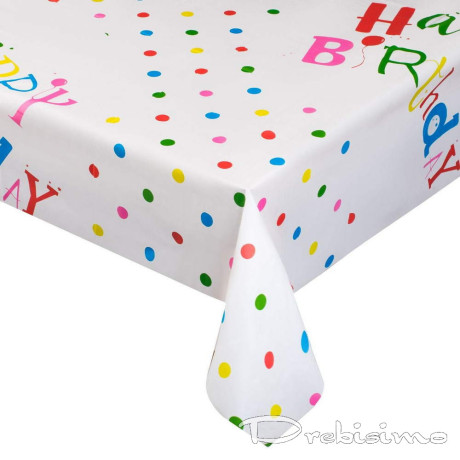 120 х 180 см бяла полиетиленова покривка за маса с надпис "Happy Birthday" и цветни точки
