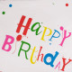 120 х 180 см бяла полиетиленова покривка за маса с надпис "Happy Birthday" и цветни точки