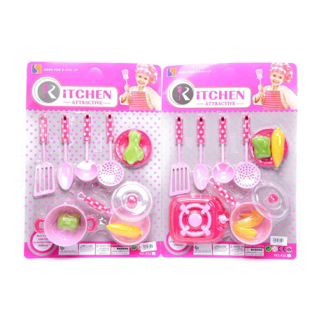 Детски розов кухненски комплект на точки с 4 прибора на картон