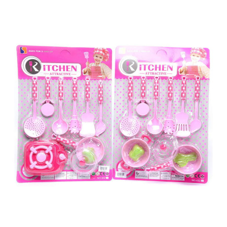Детски розов кухненски комплект с 6 прибора на картон